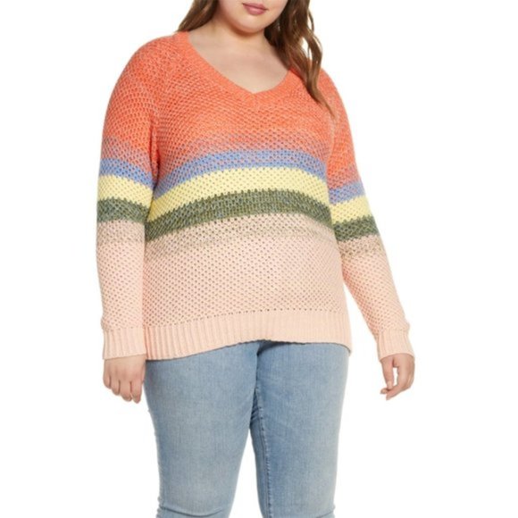 Caslon Sweaters - NWOT Caslon Ombré Stripe V-Neck Plus Size Sweater Color Block Orange Pink 2X